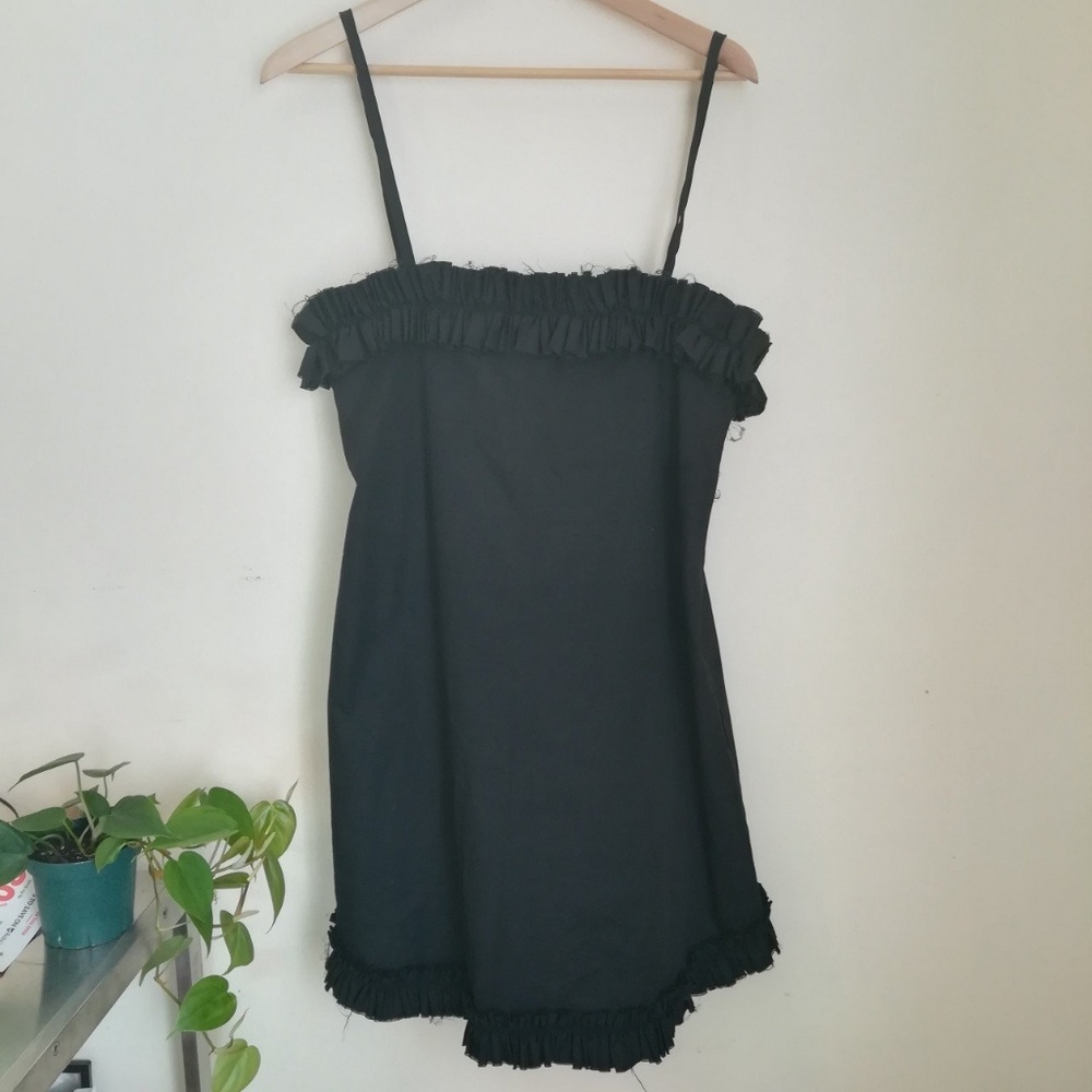 Black cotton ruffle raw hem dress